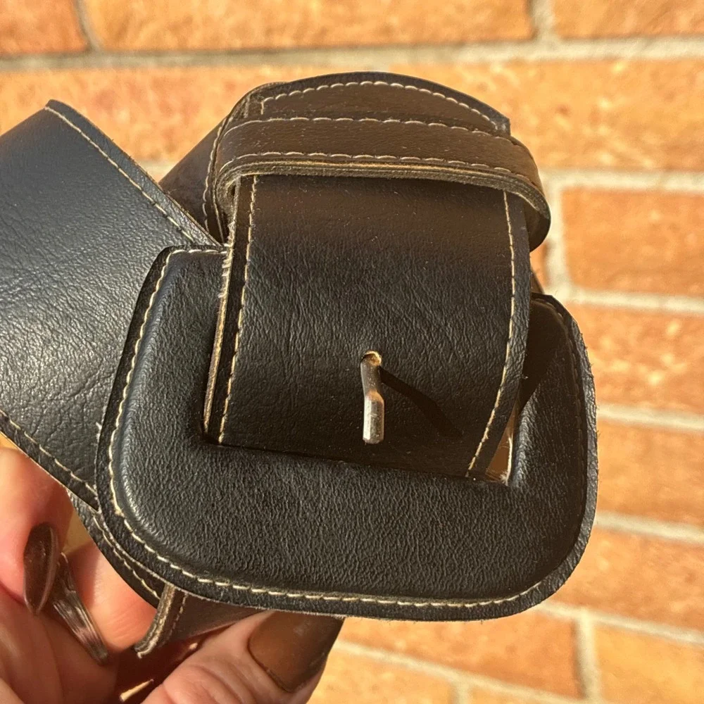 Vintage Wide Black Leather Waist Belt Covered Square Buckle Contrast Stitching